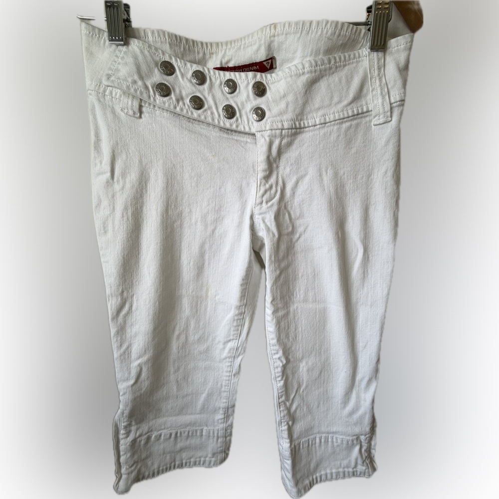 Y2K Guess White Stretch Denim Capri Jeans Mid Rise Button Waist 27